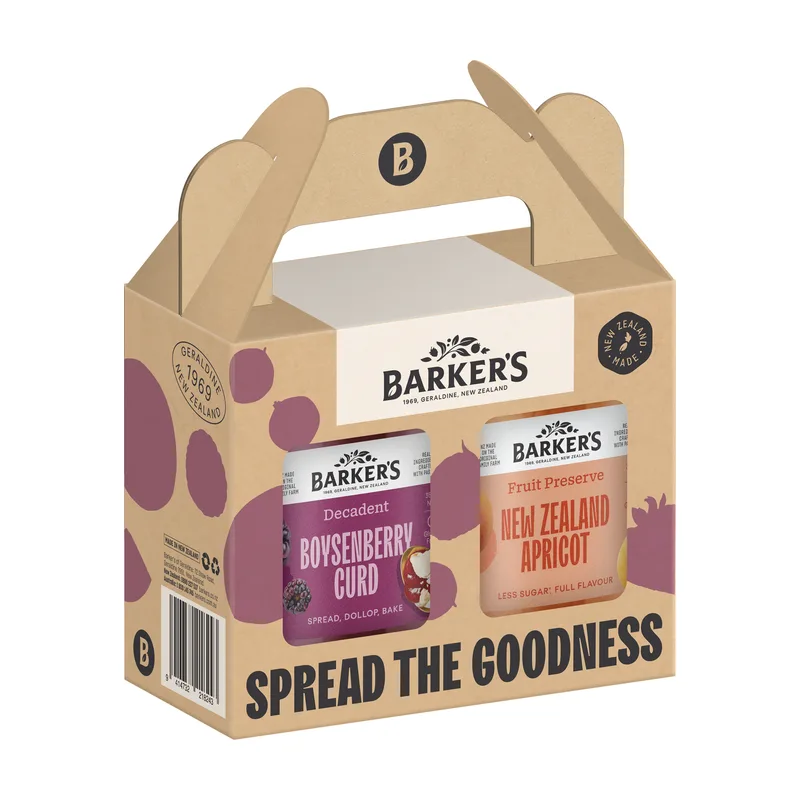 Barker's Spread the Goodness gift pack with fruit preserve and boysenberry curd