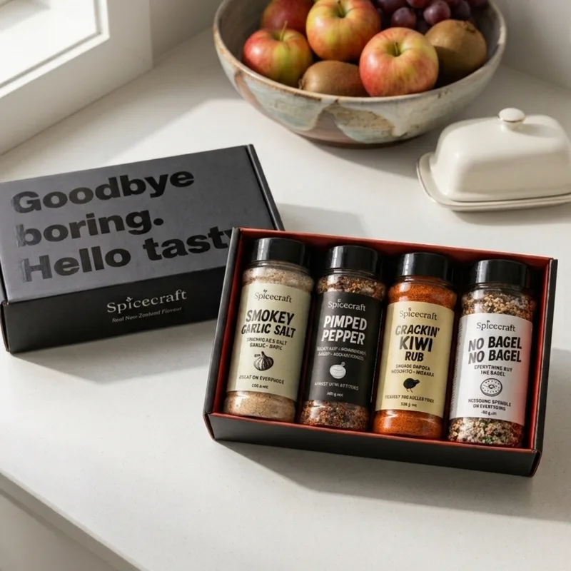 Spicecraft seasoning box with Smokey Garlic Salt, Pimped Pepper, Crackin Kiwi Rub and No Bagel No Bagel